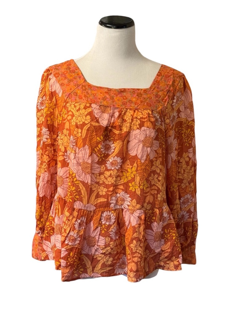 American Eagle Floral Square Neck Long Sleeve Peasant Blouse Sz S